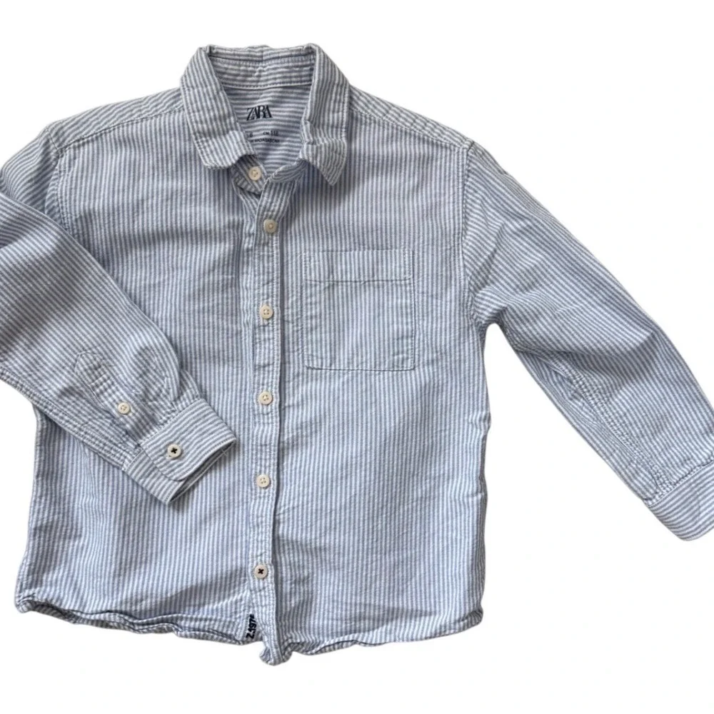 Zara Kids Boys Blue White Striped Button Down Shirt Long Sleeve Size 6 116cm